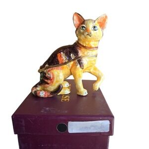 Impulse Trinket Box Enamel Cat Figurine Rhinestone Accents Decorative